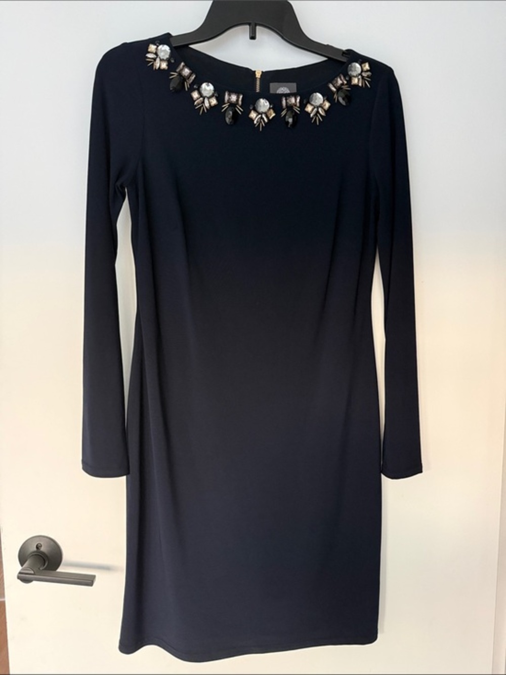 Vince Camuto Navy Long-Sleeve Jeweled Neck Dress